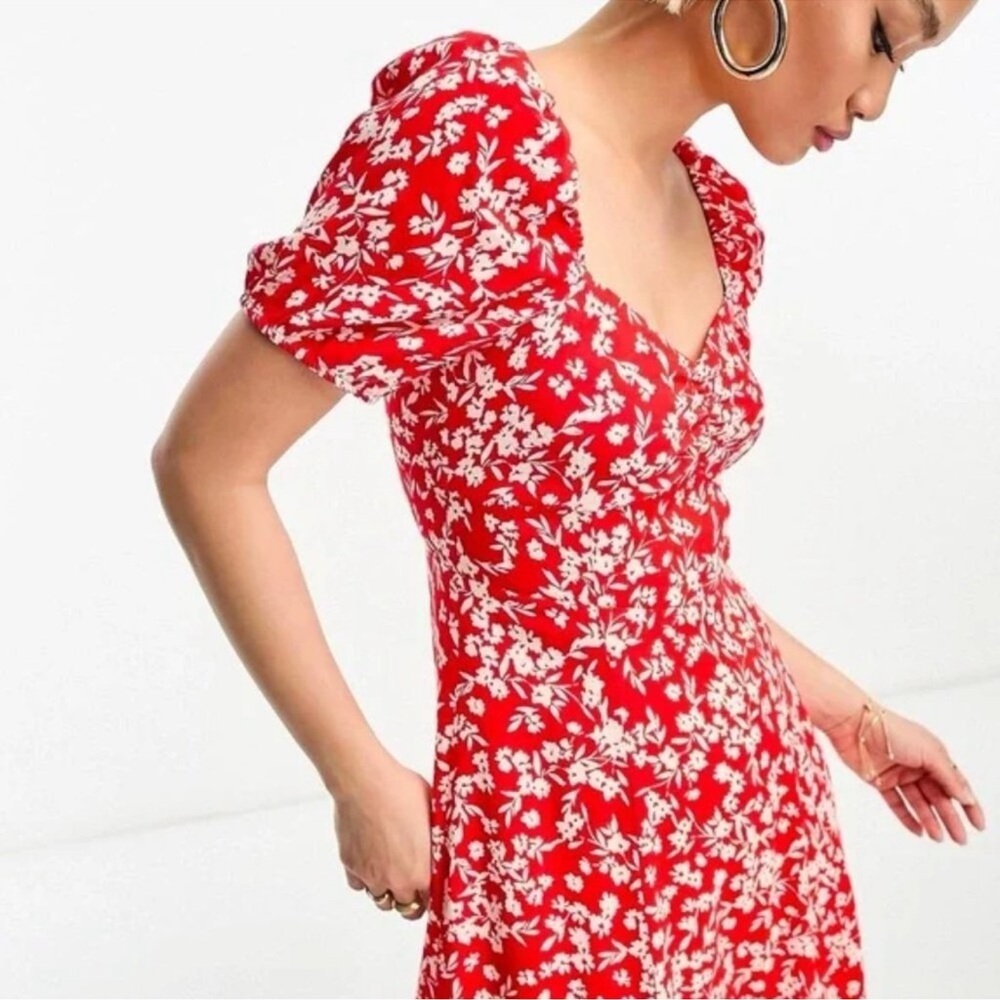 & Other Stories Red Floral Puff Sleeve Slit Midi Dress size 12 - Picture 4 of 13